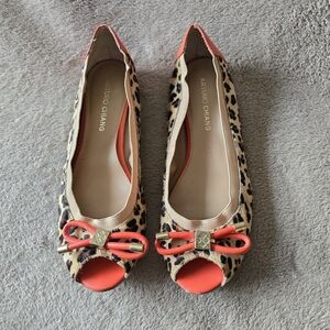 Arturo Chiang Leopard Print Peep Toe Flats with Orange Accents Size 7.5